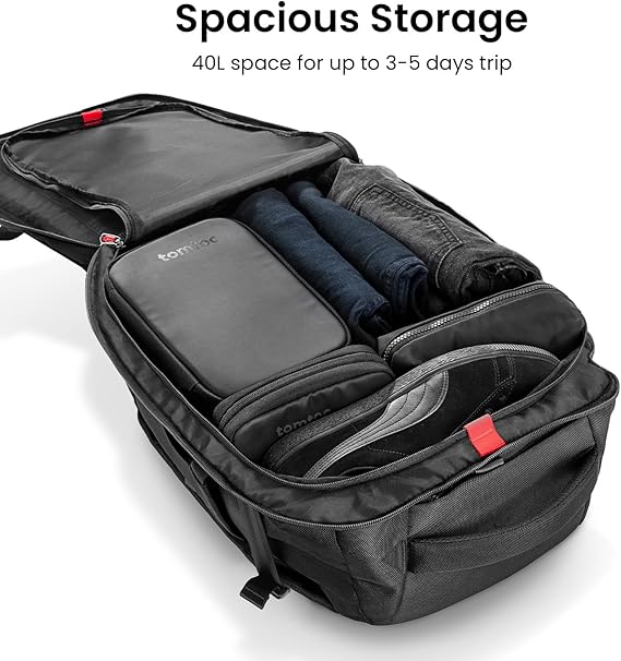 tomtoc 40L backpack open flat showing TSA security checkpoint layout with laptop sleeve