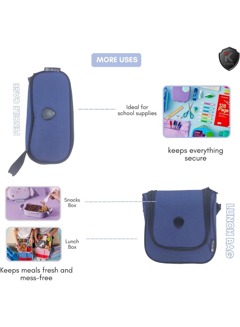 i-kola 3pcs Solid Blue Kids Rolling School Bag Set-Blue pouch with various uses labeled on a white background