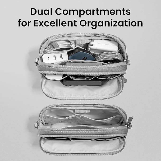 tomtoc Electronic Organizer Travel Case – Water Resistant, Dual Compartment Cable & Tech Pouch