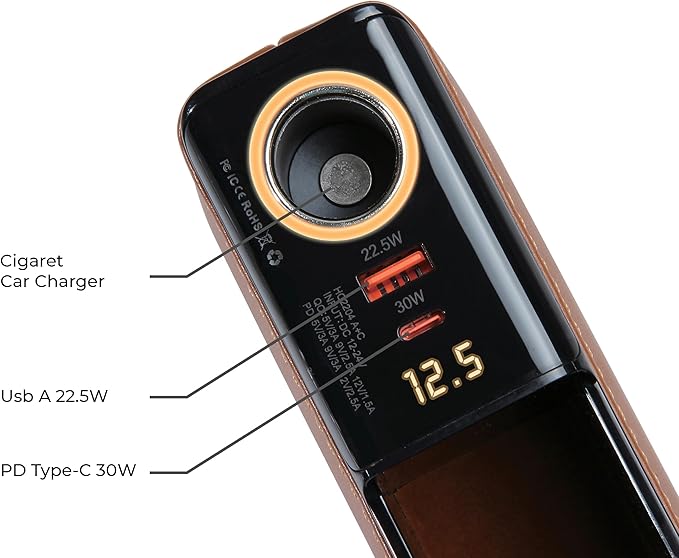 Maxwell Car Charge Organizer Pouch USBA Quick Charge Compatible with iPhone 16 Pro Max Samsung S25 Ultra Laptop Tablet etc. Secure Fit for Automobile Durable Leather Easy Organization (Brown)Car AccessoriesQuick Charge Compatibility: Supports USB-A Quick