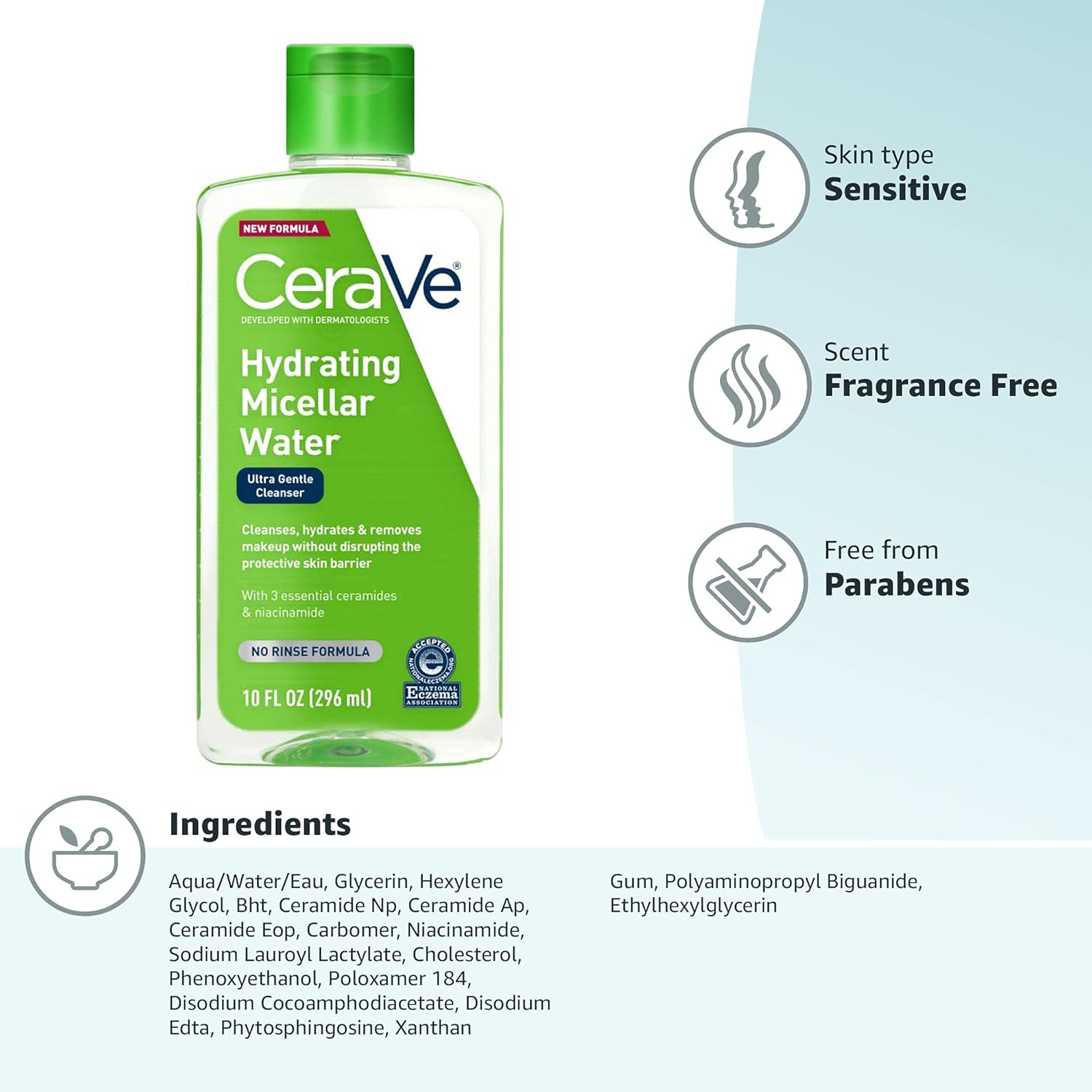 CeraVe Micellar Water, Hydrating Facial Cleanser & Eye Makeup Remover, 10 Fl. Oz, 10 Fl OzPersonal CareCeraVe Hydrating Micellar Water is a 3-in-1 no-rinse formula that cleanses, hydrates, and helps restore the skin's protective barrier. Developed with de