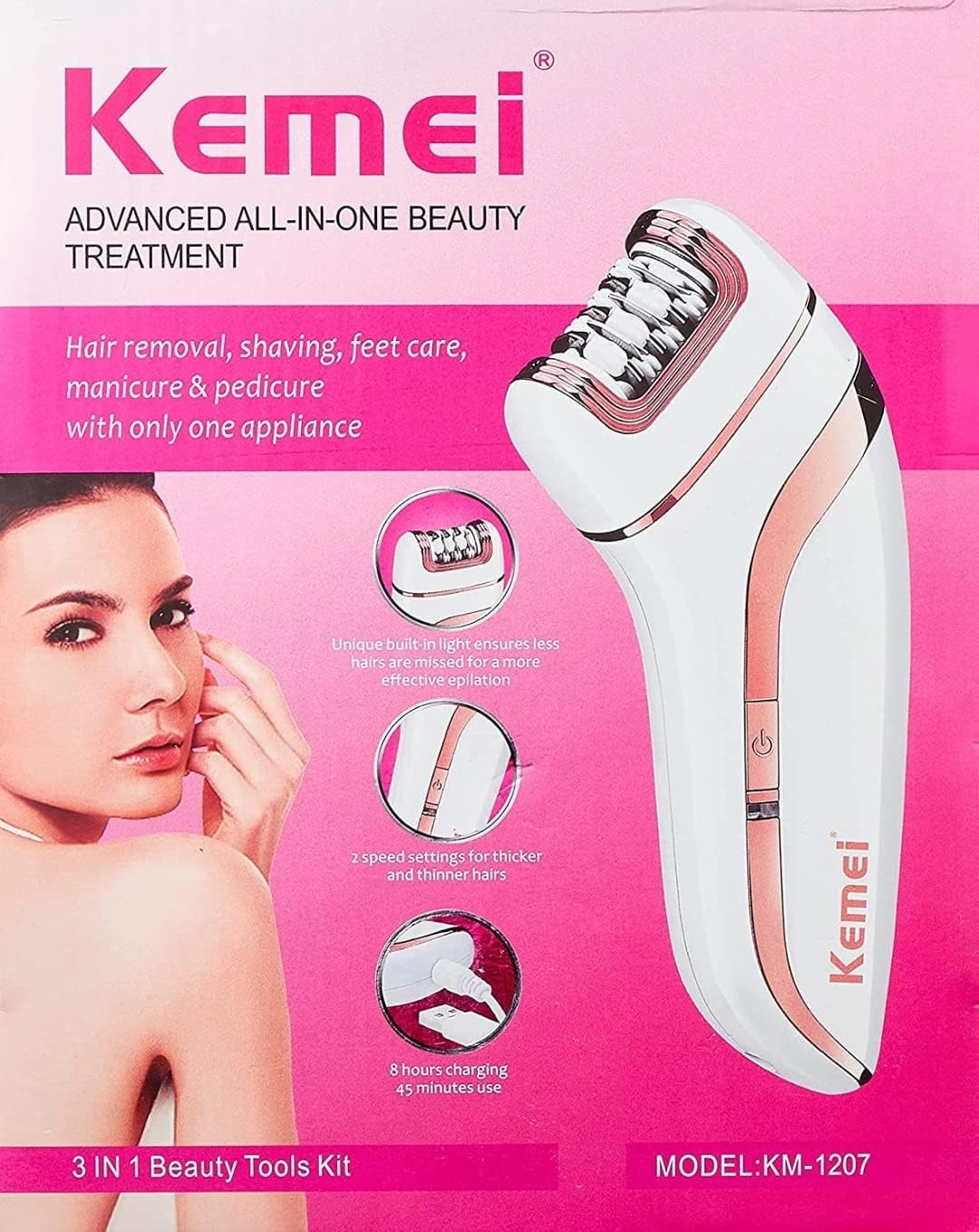 Kemei 1207 Epilator with extra Shaving Head & ScrapingPersonal CareNumber of Speed Settings : 2 Brand : Kemei Power Source : Electric & Battery Model Number : 1207 Type : Epilators Operating Function : Dry Number of Heads : 3
