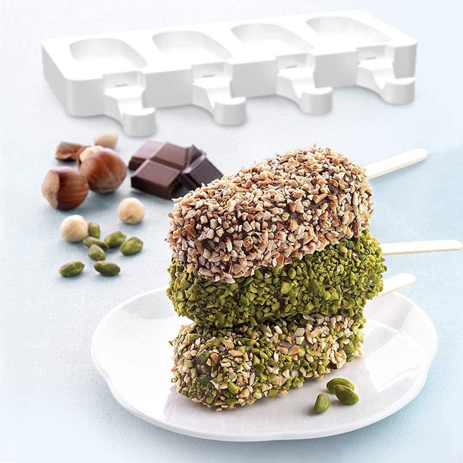 DELFINO Ice Lolly Moulds, BPA Free Silicone Popsicles Moulds of 2 Packs, Ice Cream Ice Cube Tray Popsicle Reusable Food Grade Silicone DIY Moulds Oval with 50 Pieces Natural Wood Craft Sticks (White)Kitchen GadgetsElevate your summer treats with the DELFI