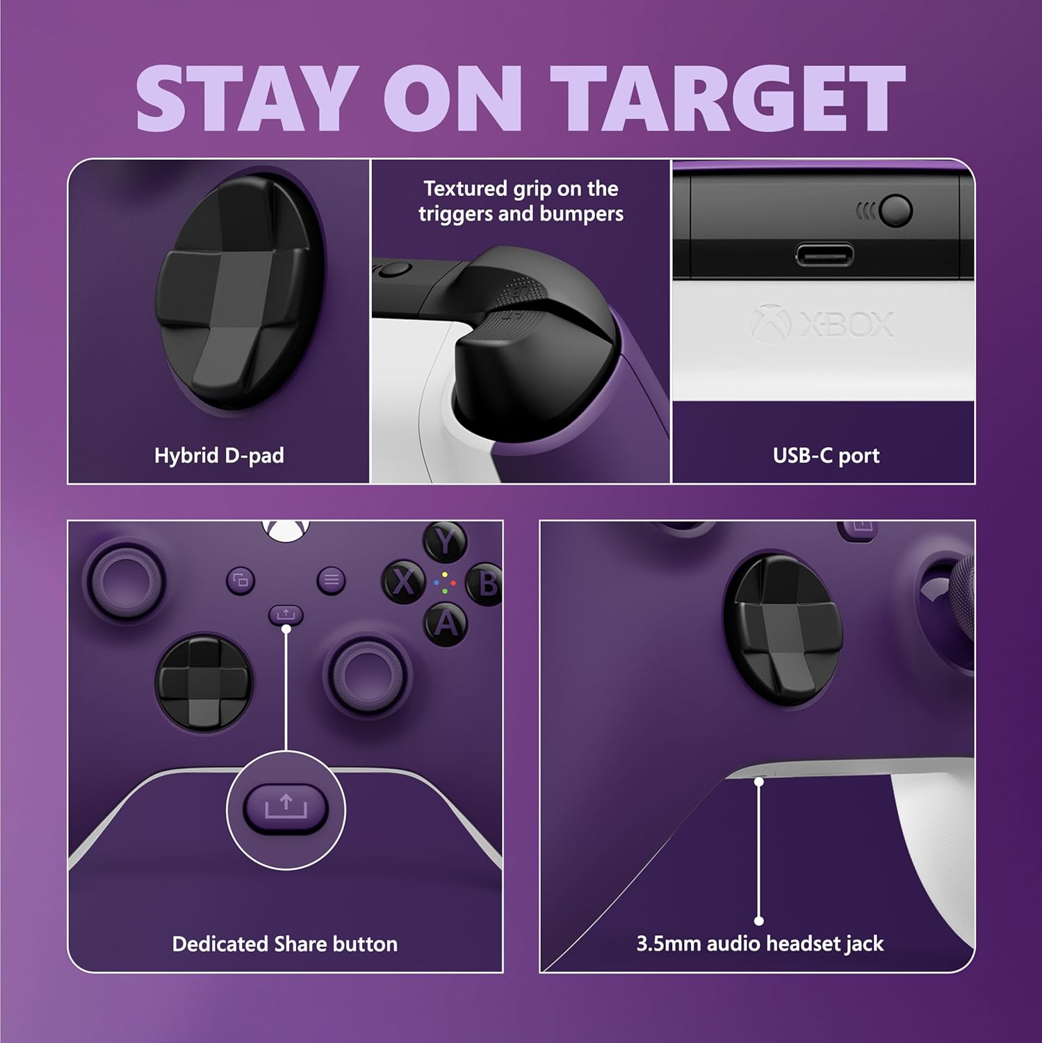 Microsoft Xbox Series Wireless Controller - Astral PurpleGaming Accessories🎮 Multi-Platform Compatibility: Seamlessly connects to Xbox Series X|S, Xbox One, Windows PCs, Android, and iOS devices via Xbox Wireless and Bluetooth technology. 🕹️ Enhanced Co
