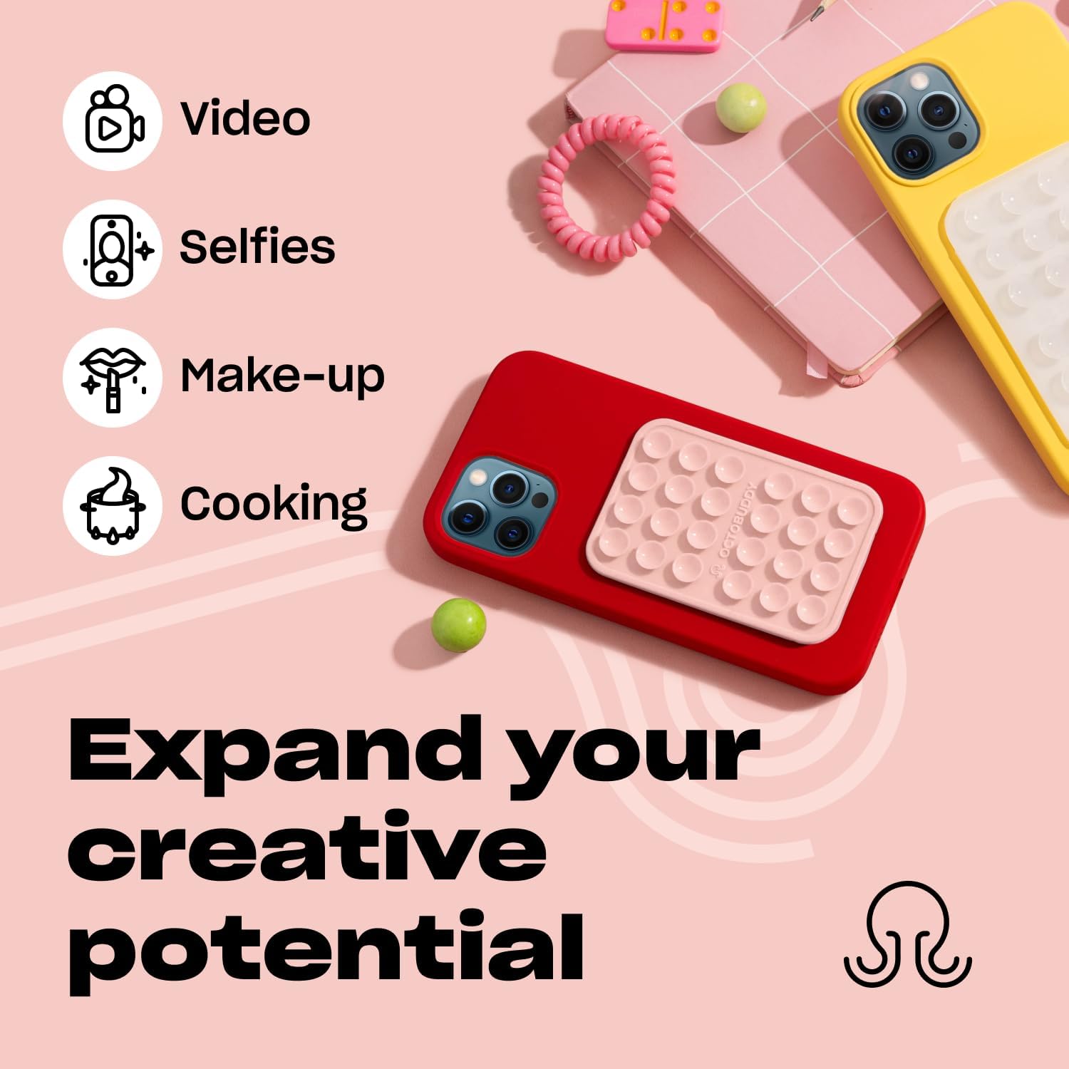 OCTOBUDDY || Silicone Suction Phone Case Adhesive Mount || (iPhone and Android Cellphone case Compatible, Hands-Free Mobile Accessory Holder for Selfies and Videos) Fidget Toy (Chalk Pink)Mobile AccessoriesThe OCTOBUDDY Silicone Suction Phone Case Adhesiv