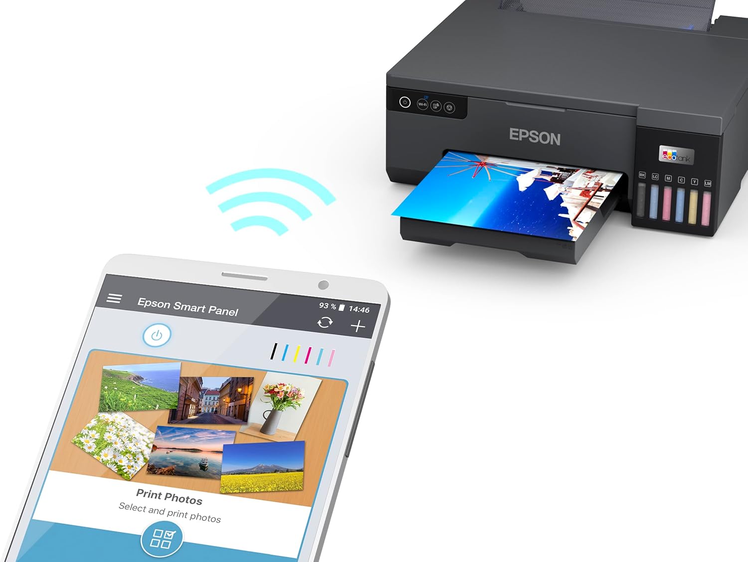 EPSON EcoTank L8050, 6-colour A4 photo printer WiFi connected, with Smart App connectivityPrinters & AccessoriesFast and feature-rich, this 6-colour A4 photo inkjet delivers high quality, high volume and hassle-free printing at a low-cost-per-printWith a