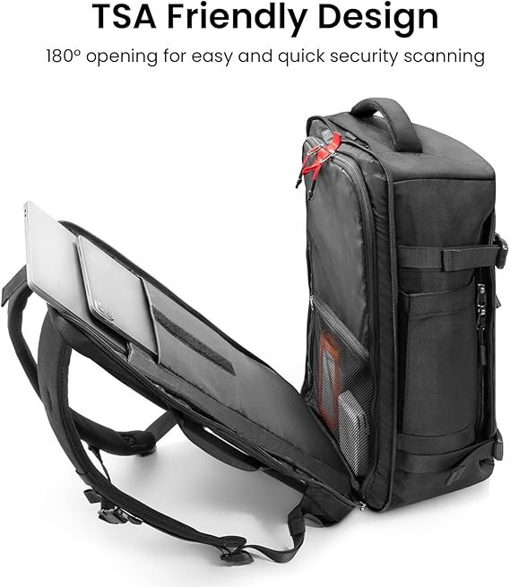 tomtoc travel backpack organisation compartments showing cables documents and accessories