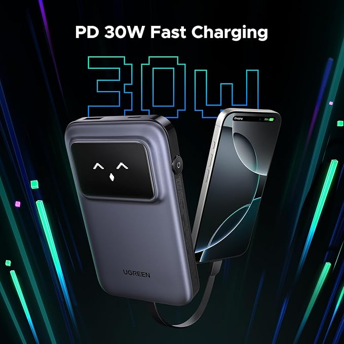 UGREEN Uno Power Bank with Built-in USB-C Cable 10,000mAh Portable Charger PD 30W Fast Charging Battery Pack 3-Way Output with TFT Display for iPhone 8-16 Series/Galaxy S21-25/iPad Pro, AirPodsMobile AccessoriesOne Cable, Endless Power. Built-in USB-C Cab