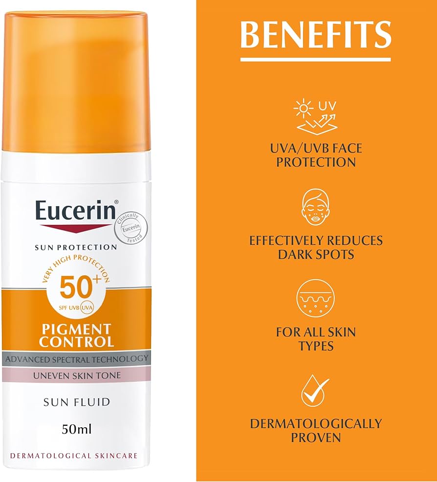 Eucerin Pigment Control Sun Fluid SPF 50+ – 50mlPersonal CareSPF 50+ Broad Spectrum Protection: Shields skin from harmful UVA/UVB rays to prevent sun damage and pigmentation. With Patented Thiamidol: Clinically proven to reduce existing dark spots and hel