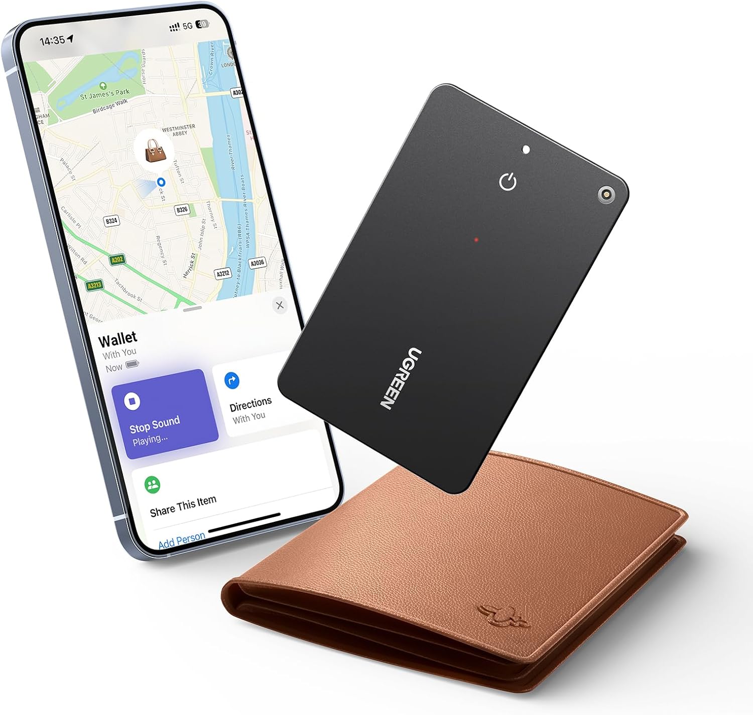 UGREEN FineTrack Slim Smart Finder Bluetooth tracker card, 1.7 mm ultra-slim, IP68 waterproof, rechargeable; for wallet, keys, and luggage; Apple Find My compatible (iOS only).