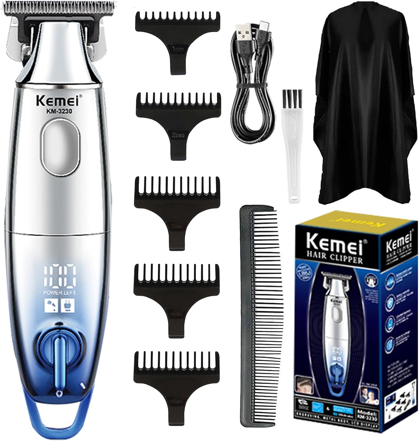 KEMEI Professional Cordless Hair Clipper for Men Electric Beard Trimmers Barber Clipper Kit with LCD Display, Rechargeable T Blade Detailer Trimmers for Men, KM-3230Mens GroomingHome Hair Cutting SetFrom Kemei professionally designed hair clipper, smooth,