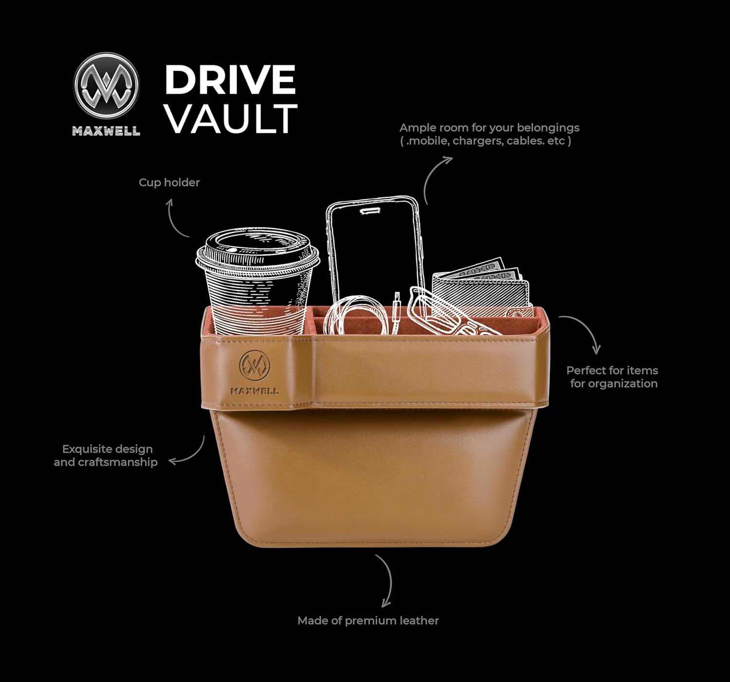 Maxwell Drive Vault Car Seat Gap Seam Storage Box Cup Holder Additional Storage for Your Devices Like Mobile Phone Tablets Eyeglasses Wallet Money Coins Notebook Pen Organizer Keys Organizer (Coffee)Car AccessoriesMaximizes Car Storage Space: Designed to