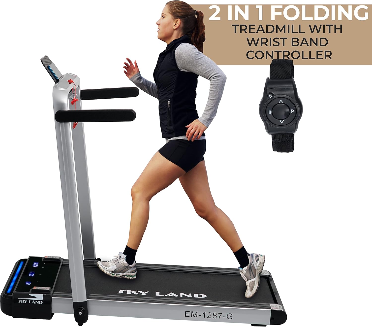 SKY LAND EM-1287-G 2-in-1 Foldable Treadmill | 4HP Peak, 12 Programs, App Control, Gray