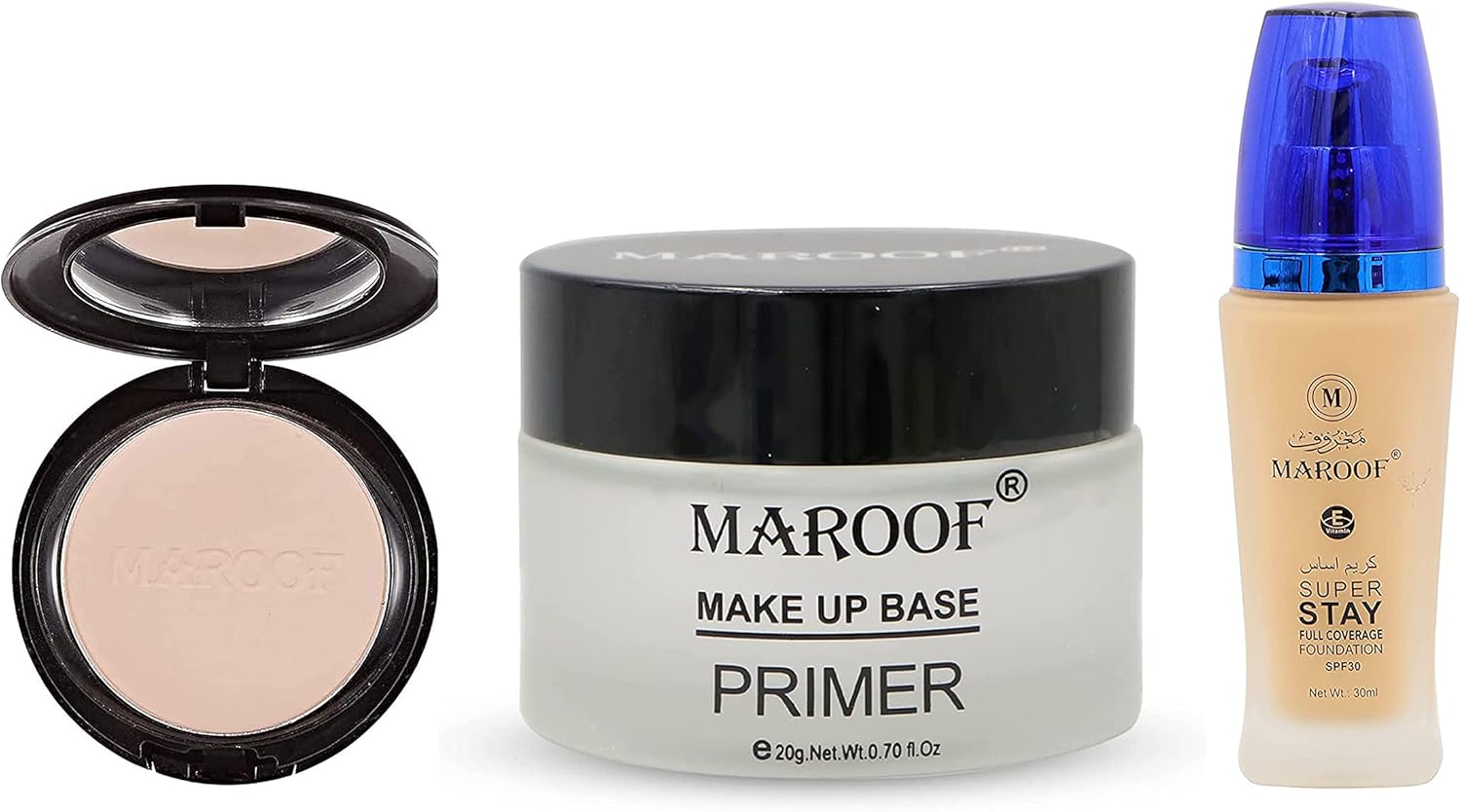 MAROOF Makeup Base Primer With Face Powder And SPF30 Liquid Foundation Combo, Multicolour, Pack of 3Make UpWith sun protection and non-comedogenic. This airy, transfer-resistant, and highly-pigmented liquid formula contains SPF30, which safeguards skin fr