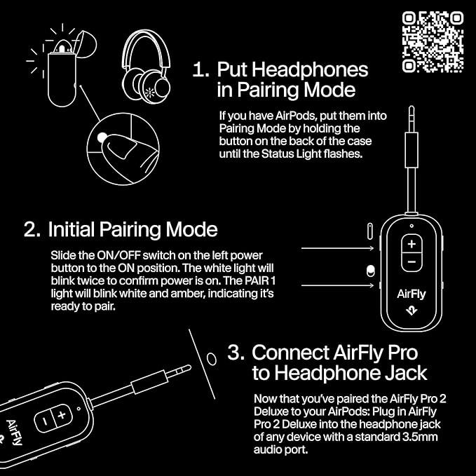 AirFly Pro 2 Deluxe Bluetooth Transmitter & Receiver – Pair 2 AirPods or Wireless Headphones – 3.5mm AUX Adapter for Airplane, Car, TV, Treadmill, Boat – Travel Essential