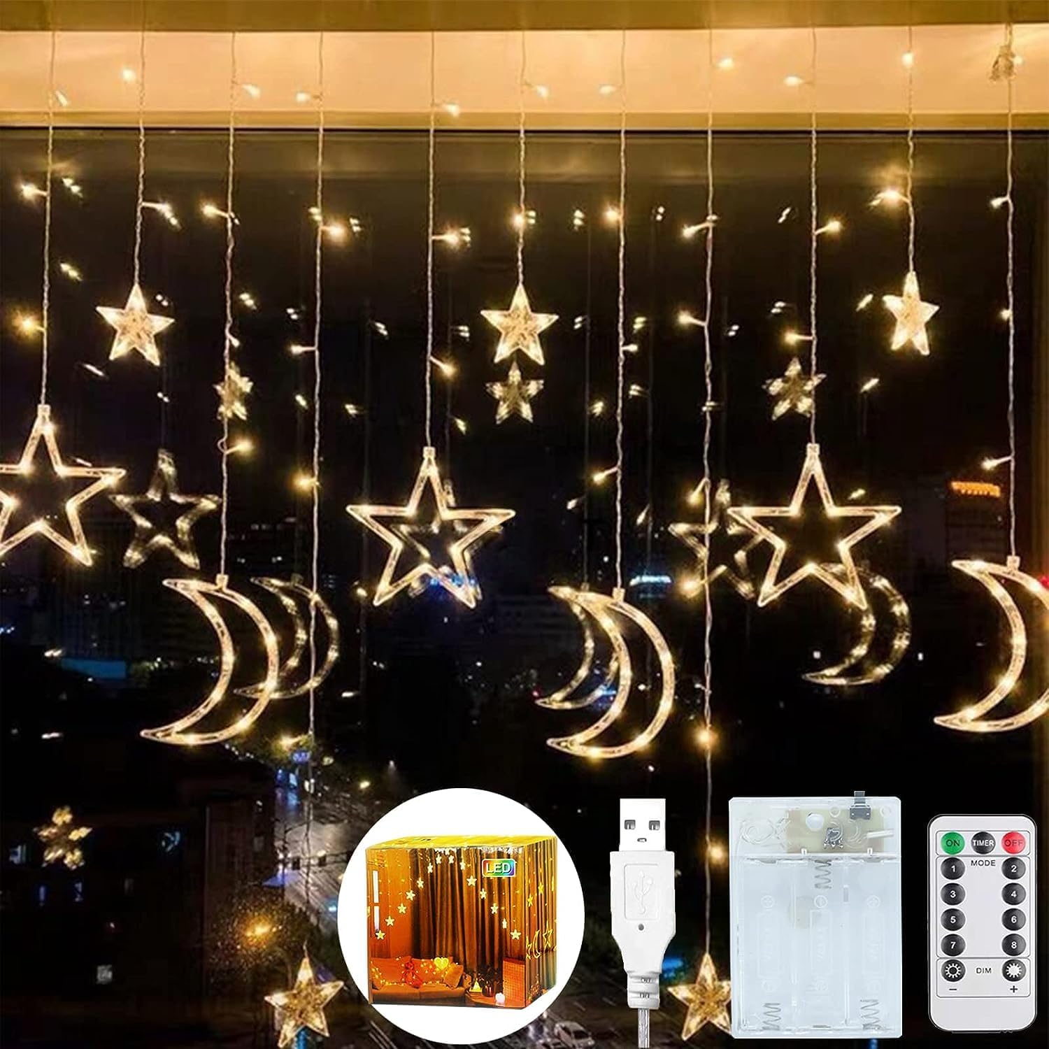 Ramadan Decorations for Home 3.5M Decorative Starry String Curtain Ramadan Lights Moons and Stars LED Night Light for Ramadan Home Decorations Party, USB and Battery Box PoweredHome DecorStar Curtain LightsThis unique designed ramadan curtain lights with