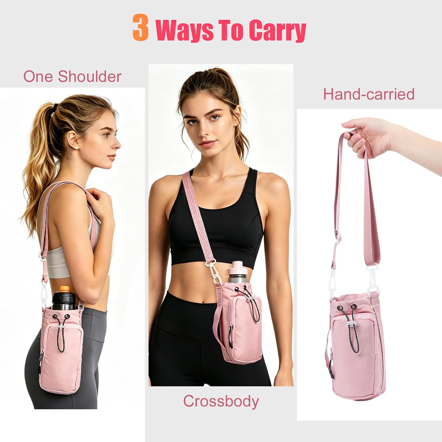 Hittriu Water Bottle Bag Holder 30–35oz Pink | Bottle Carrier with Phone Pocket, Adjustable Shoulder Strap & Handle | Crossbody Water Bottle Sleeve for Hiking, Cycling & Travel