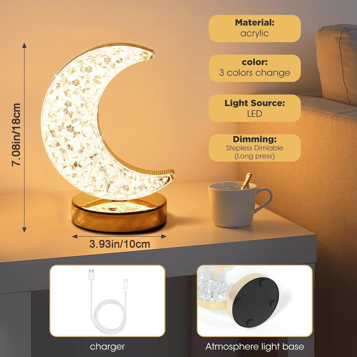 Crystal Moon-Shaped Ramadan Lamp | Touch LED Night Light | Decorative Table Lamp for Home & BedroomHome DecorUnique Vintage Moon Lamp AestheticsThe vintage and unique moon lamp design reflects your impeccable taste. The retro gold base and lamp stand tran