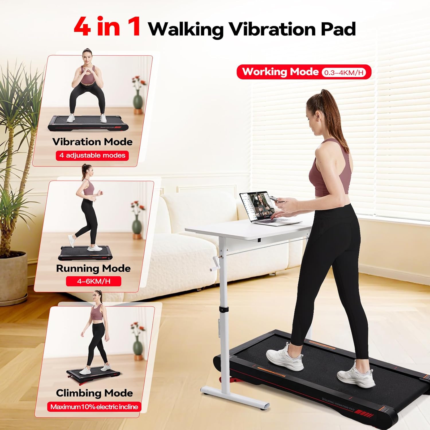 Sperax Walking Vibration Pad – 4-in-1, 10% Incline, 2.5HP, 120kg, App + Remote, Under-Desk Treadmill