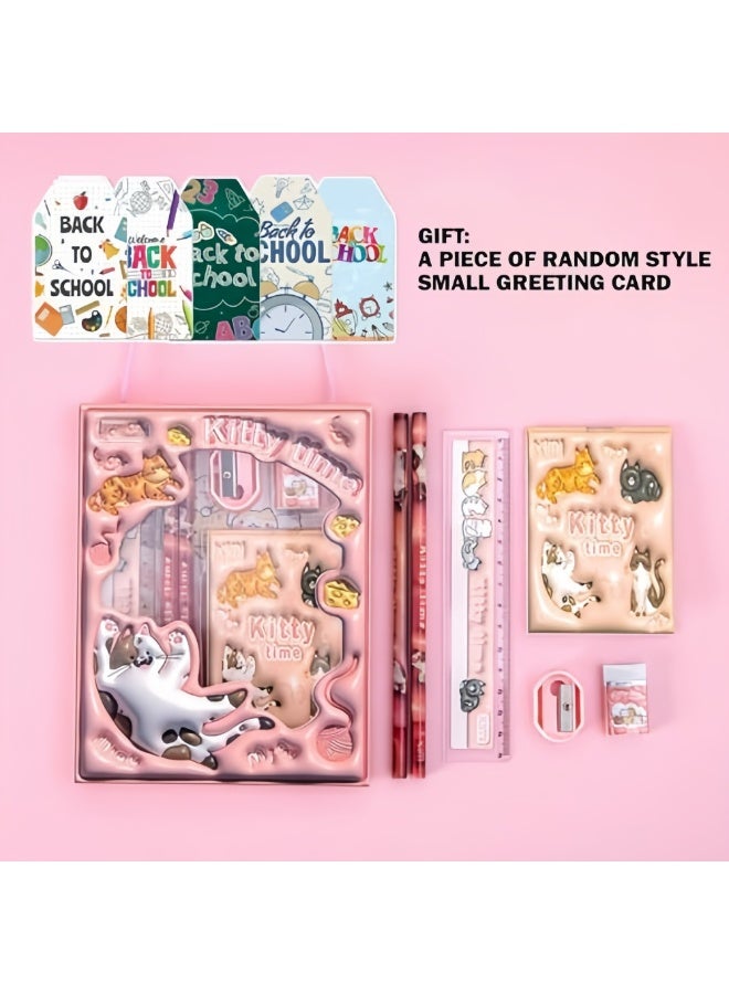 Generic Back to School Supply Kit for Girls – Pink Cat Stationery Set with Notebook, Pencils, Ruler, Eraser & Sharpener, Cute School Supplies
