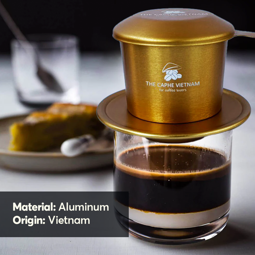 The Caphe Vietnam Coffee & Cashew Gift Set | Fine Robusta Natural Process Whole Bean 250g | Wood Fire Roasted Cashew, Salted Skin-On 500g | Vietnamese Phin Filter (Gold) | Traditional Drip Coffee
