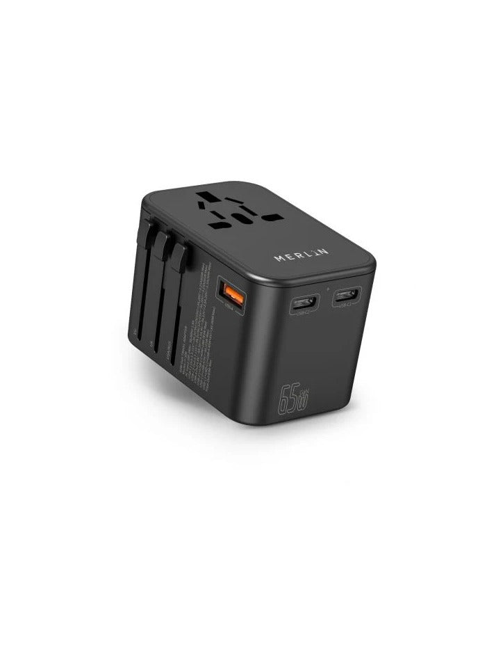 Merlin TravelMate Pro PD 65W GaN Universal Travel Adapter Charger with USB A and TypeC PD Fast Charging Worldwide Wall Charger