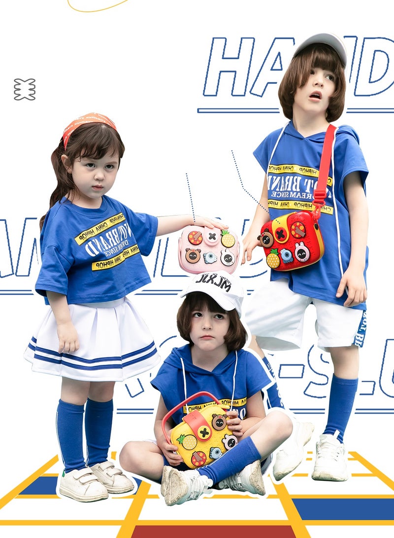 Three children in matching blue outfits with colorful accessories on a colorful background