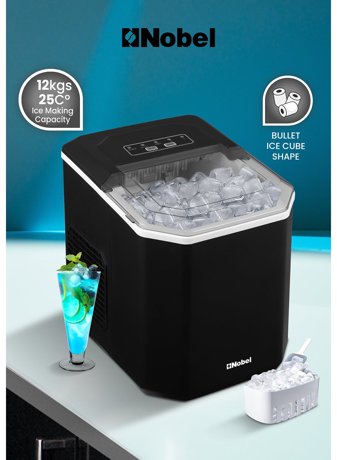 Nobel Ice Maker, 12Kgs 25°C Ice Capacity Daily, 1.3L Water Tank Storage, Bullet Ice Cube Shape, Water Shortage Indicator,Infrared Sensor, LED Display, R600a Refrigerant 12 kg 100 W NIM15S - BlackKitchen Appliances❄️ 12kg Daily Ice Capacity: Quickly produc