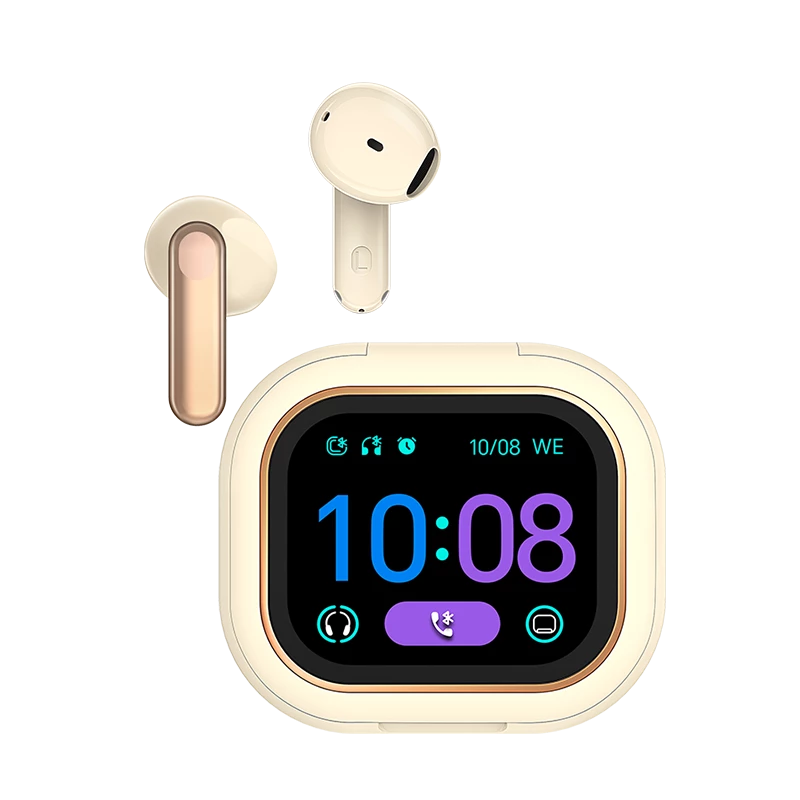 HONOR CHOICE Cubuds – 2-inch Touchscreen Case, 50Hr Battery, 12.4mm Driver, BT 6.0, AI Call Noise Cancelling, IP54 - Gold