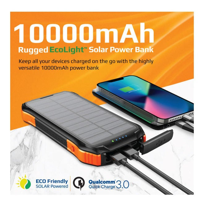 Promate SolarTank-10PDQi 10000mAh Solar Power Bank – IP65, 20W PD, QC3.0, 10W Wireless, 300lm LED