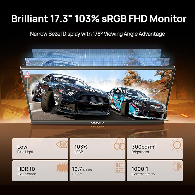 ARZOPA A1M 17.3 Inch Portable Gaming Monitor FHD 1080P 103% sRGB IPS – Built-in Kickstand, HDMI & USB-C – External Screen for PC, Mac, Phone, Xbox, PS5