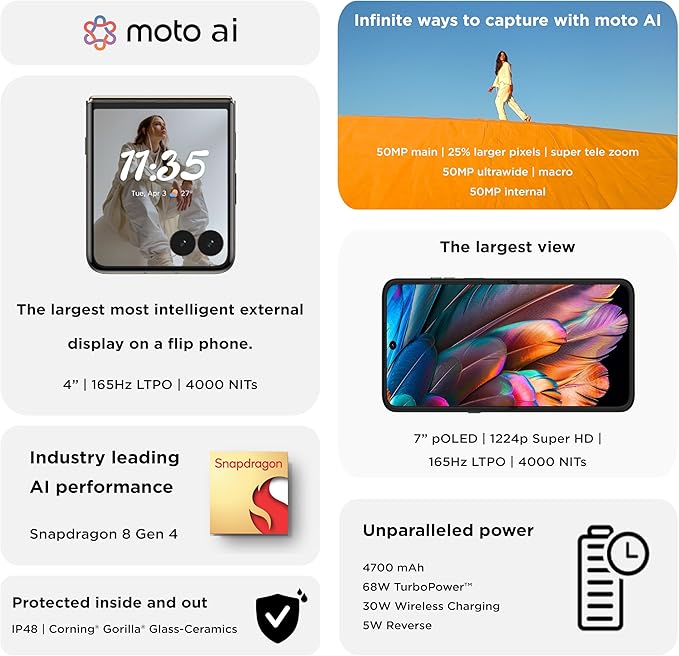 Motorola Razr 60 Ultra 5G – Snapdragon 8 Elite, Triple 50MP Camera System, 7.0" 165Hz Dolby Vision pOLED + 4.0" pOLED Cover Display, 16+16GB RAM Boost 512GB, 4700mAh 68W TurboPower, Titanium Hinge, UAE Type Approved