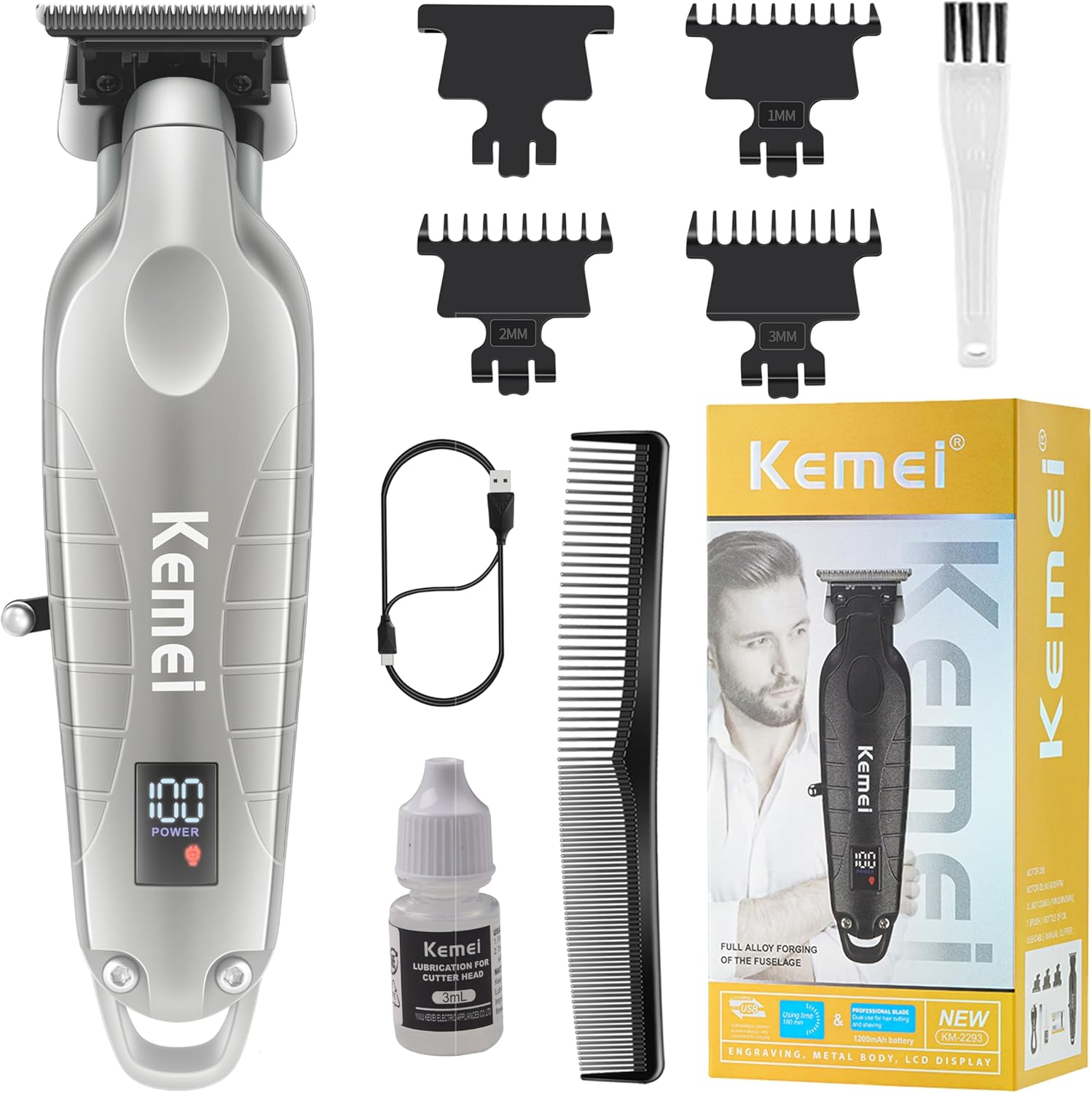 KEMEI 2293 Professional Hair/Beard Trimmer for MenMens GroomingPROFESSIONAL HAIR CLIPPERS FOR MEN: KEMEI 2293 includes a electric hair trimmer for men, 3 different length trimming guards (1/2/3mm), a USB charging cable, a bottle of lubricant oil, and a cl
