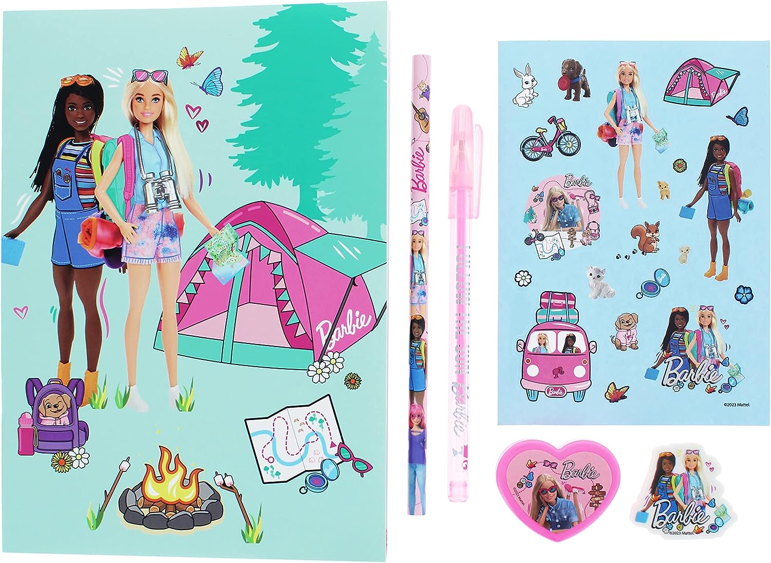 Blueprint Collections Barbie Super Stationery SetThis is the perfect stationery set for any Barbie lover! A5 exercise book, A6 sticker sheets, full length pencil, pink gel pen Die cut eraser and heart shaped sharpener, all packaged in clear PVC wallet The