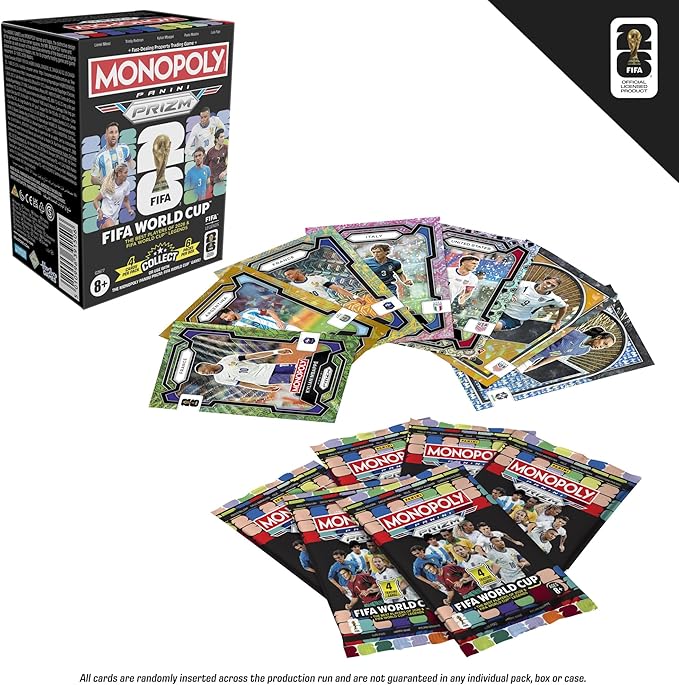 Monopoly Panini Prizm FIFA World Cup Booster Box – 24 Chromium Cards, Messi Mbappé Legends