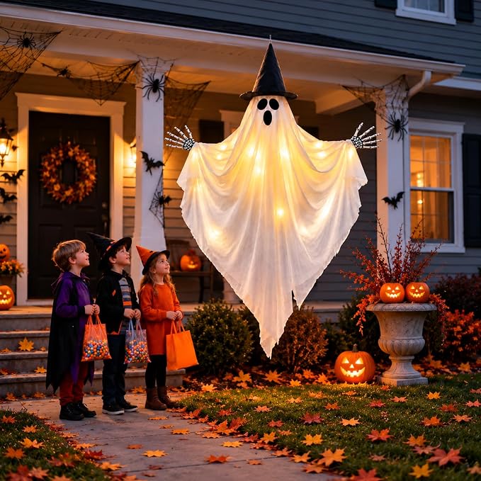 35-Inch Lighted Hanging Halloween Ghost with Witch Hat & Skeleton Hands