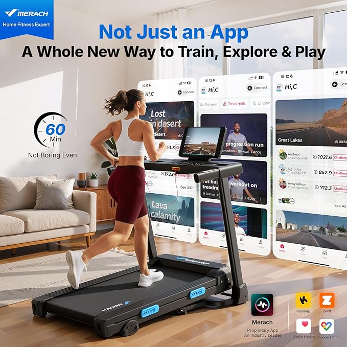 MERACH Foldable Treadmill with Incline – 0.8–12 km/h, 120kg, Wide Belt, Heart Rate, LED, Fitness App