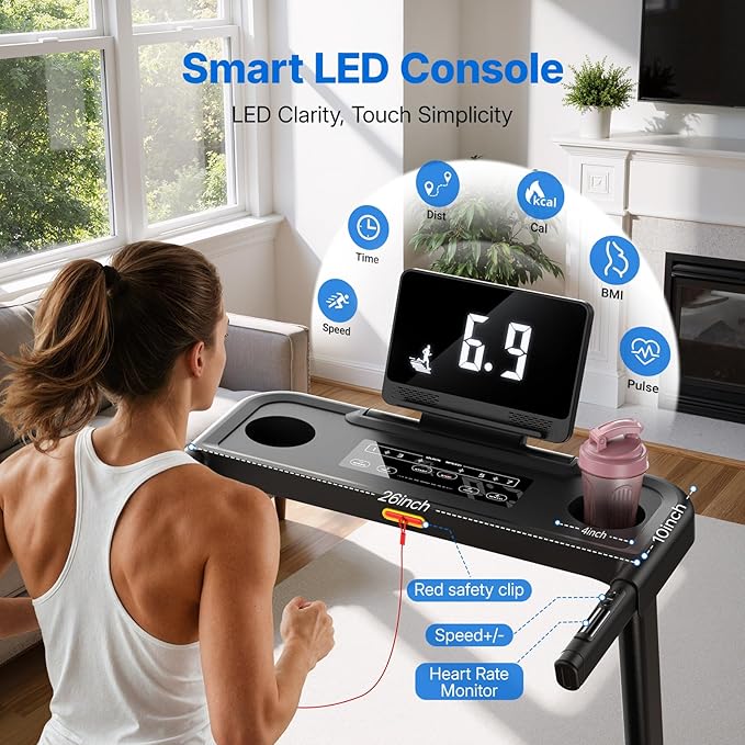 MERACH Foldable Treadmill with Incline – 0.8–12 km/h, 120kg, Wide Belt, Heart Rate, LED, Fitness App