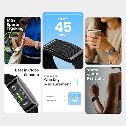 Pebble Qore PFB94 Fitness Band – 45-Day Battery Life, 100+ Sports Modes, Heart Rate, SpO2, Stress, Sleep Tracking, OneKey Measurement, Smart Notifications, No Subscription, Nylon Strap