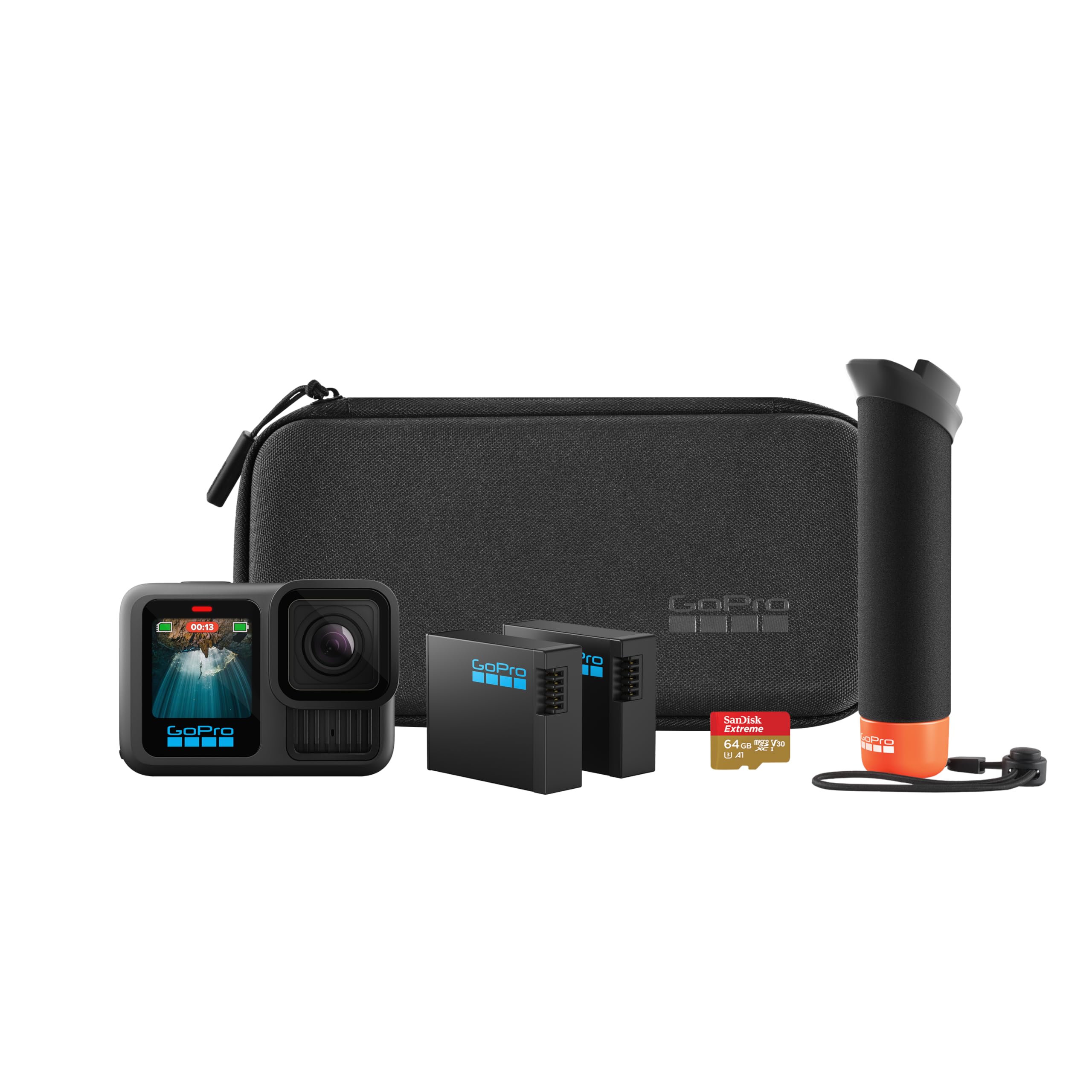 GoPro HERO13 Black Accessory Bundle - Includes The Handler, 2 Enduro Batteries, 2 Curved Adhesive Mounts, 64GB SanDisk MicroSD Card, and Carrying CaseCamerasThis bundle includes GoPros best camera yet—HERO13 Black—plus The Handler, an extra Enduro battery