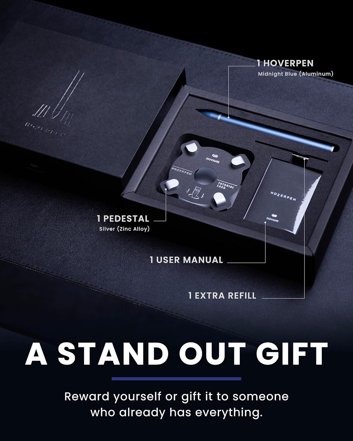 novium Hoverpen - Luxury Pen for Men & Women, Vertically Standing Executive Ballpoint Pen with Top Grade Free-Flowing Ink Refill, Metal Made