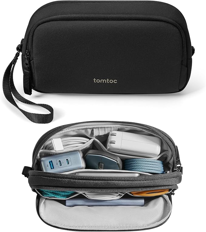 tomtoc Electronic Organizer Travel Case – Water Resistant, Dual Compartment Cable & Tech Pouch
