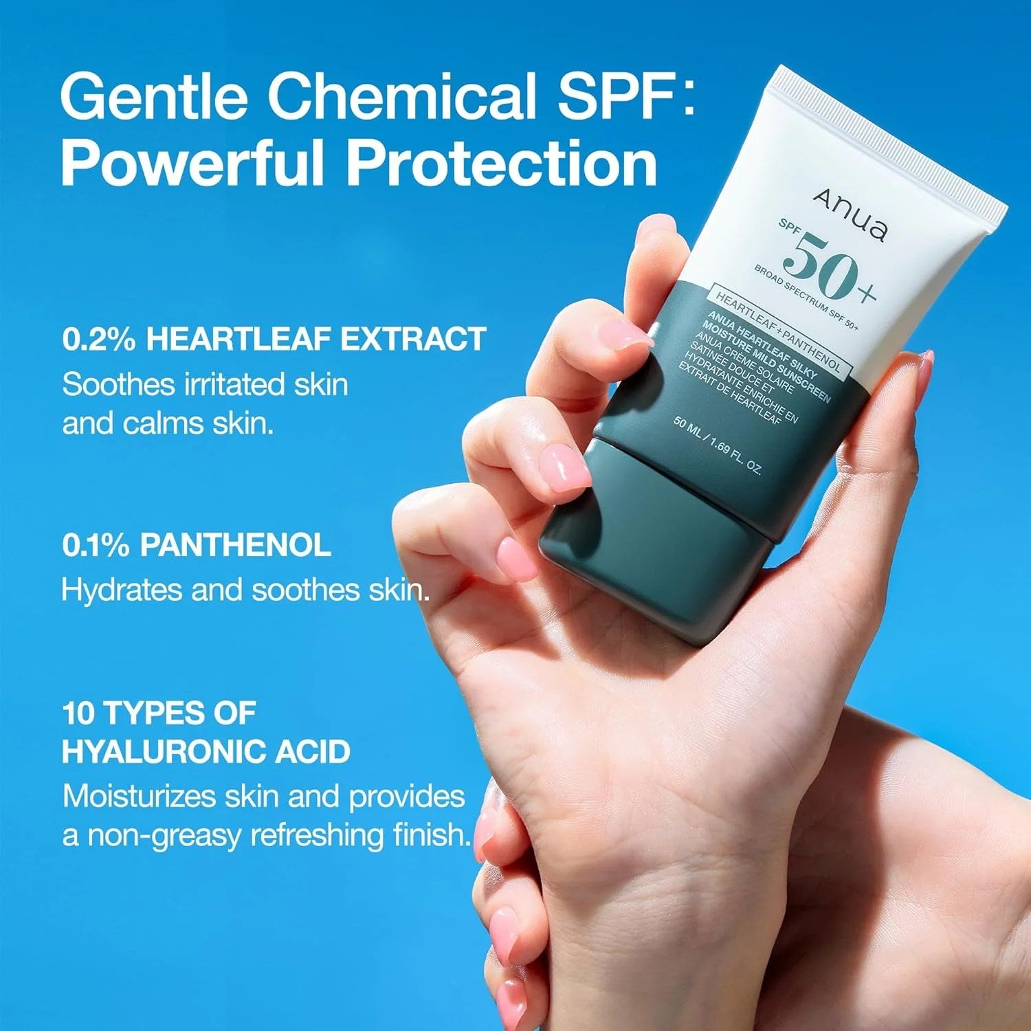 Anua Heartleaf Silky Moisture Sunscreen SPF50+ PA++++ 50mlPersonal CareAnua Heartleaf Silky Moisture Sunscreen SPF50+ PA++++ (50ml) offers powerful sun protection in a lightweight, non-greasy formula perfect for daily use. Infused with calming Heartleaf (