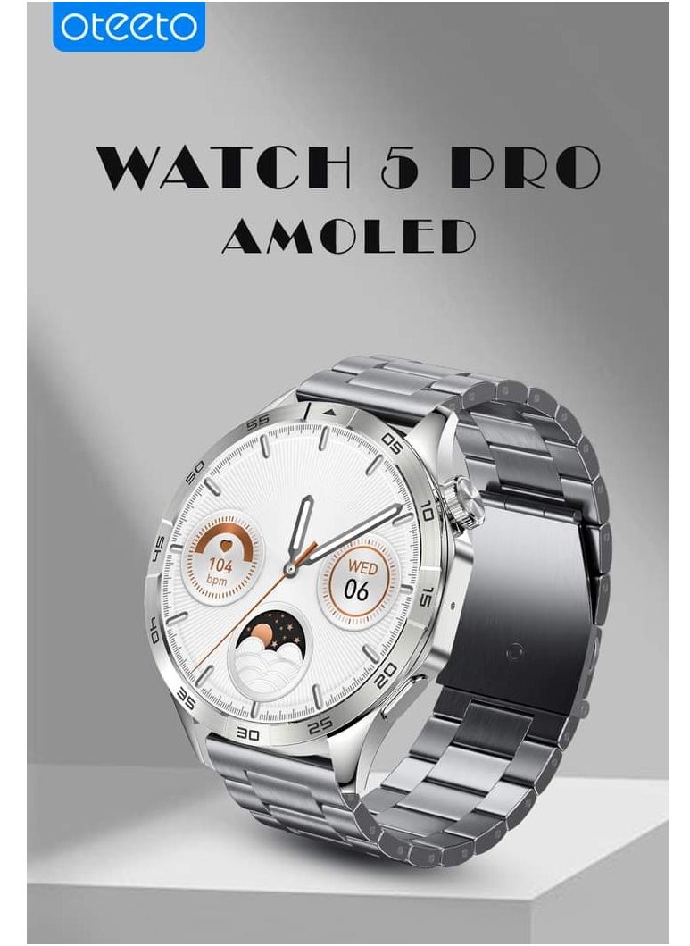 Oteeto Watch 5 Pro 1.43 Inch AMOLED Display Smart Watch With 2 Pair Straps and Wireless Charger For MenCompatible With Android and iOS Devices Smart notification allows you to get alerts about incoming calls, messages and notifications from apps onto your