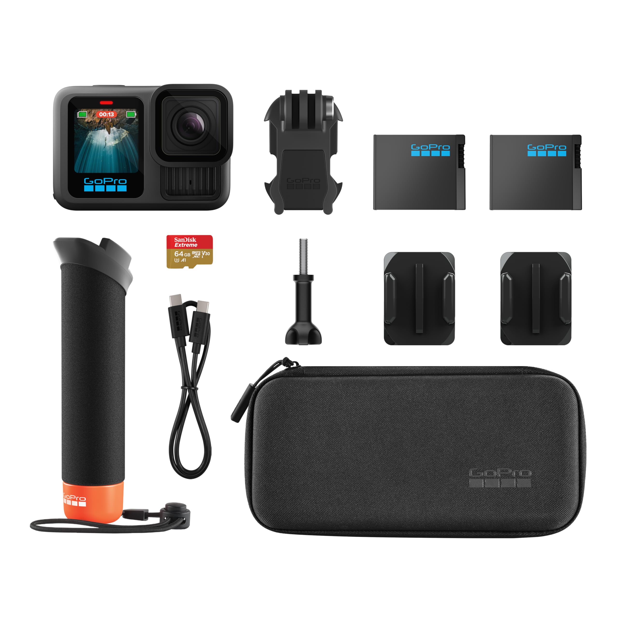 GoPro HERO13 Black Accessory Bundle - Includes The Handler, 2 Enduro Batteries, 2 Curved Adhesive Mounts, 64GB SanDisk MicroSD Card, and Carrying CaseCamerasThis bundle includes GoPros best camera yet—HERO13 Black—plus The Handler, an extra Enduro battery