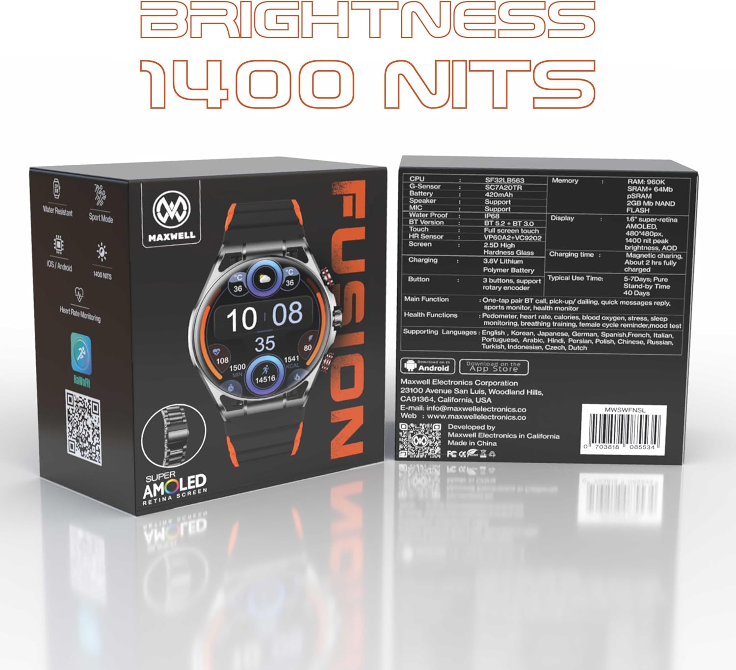 Maxwell Fusion Smart Watch for Men and Women DialAnswer Calls SMS BT5.2 40 Days Standby Time IP68 Waterproof AMOLED Retina Screen Smart Watch Sports Mode Compatible with iOS and Android (Silver)WearablesSuper AMOLED Retina display provides bright, crisp,