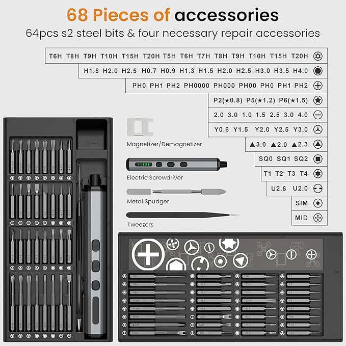 Electric Precision Screwdriver Set 68-in-1 – Battery Powered, 64 Magnetic Bits, Phone Laptop Watch Repair