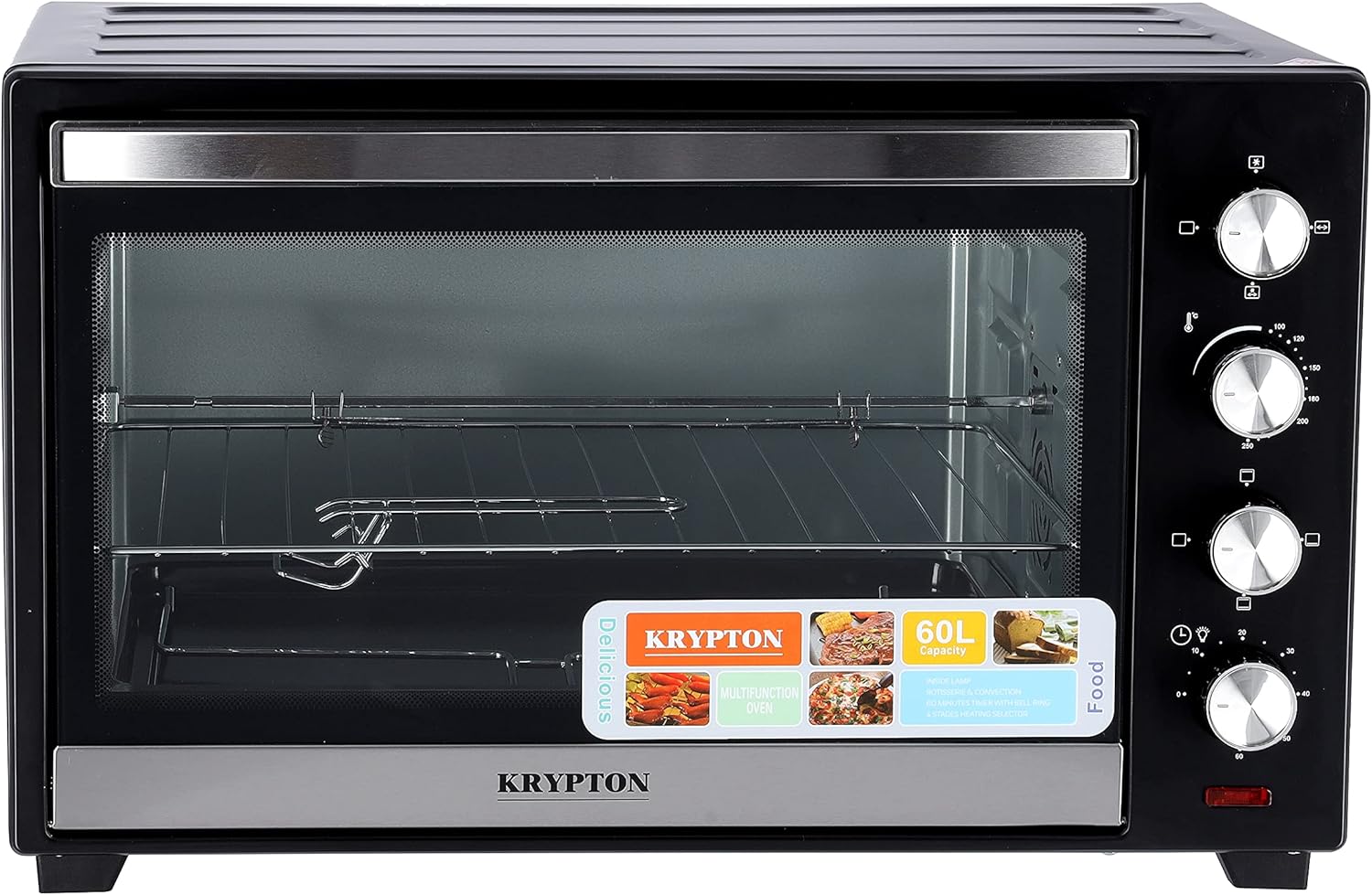 Krypton 60L Electric Kitchen Oven Powerful 2000W with Crumb Tray, KNO5322 - BlackKitchen AppliancesElectric Kitchen Oven Powerful 2000W with Crumb Tray 4 STAGE HEATING & 4 ACCESSORIES Selector of this food cooker allows you to switch between different typ