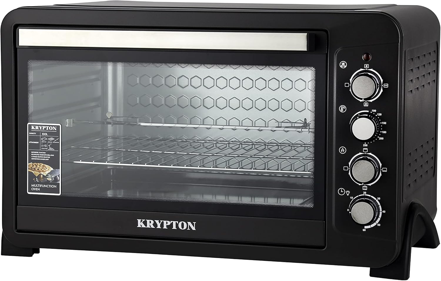 Krypton Electric Oven with Rotisserie & Convection 100L KNO6356Kitchen AppliancesBig 100L capacity Heat-resistant tempered glass window Full function: Rotisserie, Convection, Inside lamp 100°C to 250°C non step temperature control 60 Min timer with auto s