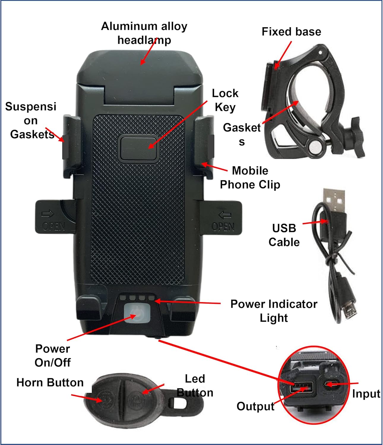 4-in-1 Multi-Functional USB Rechargeable Waterproof Bike Accessory: Phone Holder, Power Bank, Headlight & HornSports & FitnessRide safely and stay connected with the 4-in-1 bike accessory. With a 500-lumen headlight, 130dB horn, waterproof phone holder, a